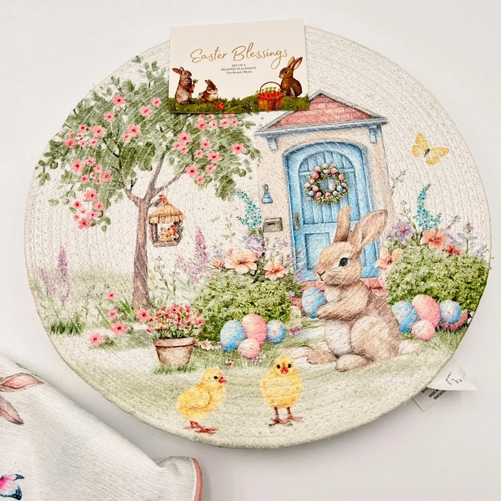 Easter Blessings Table Runner‎ and Set of 4 Braided Placemats Bunny Rabbit